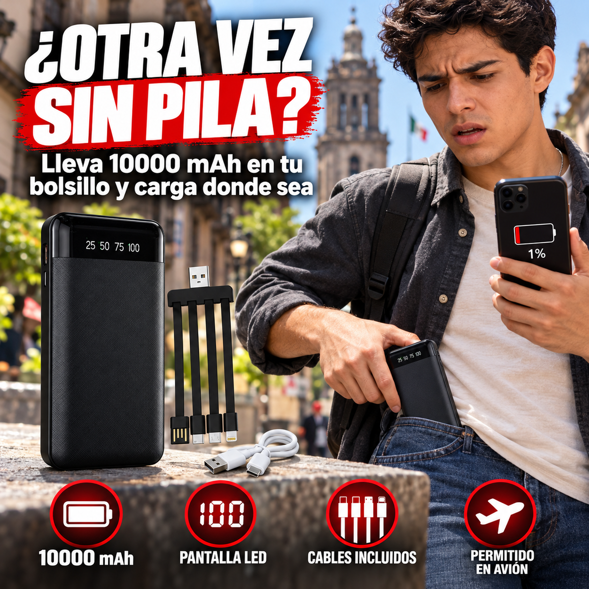 Power Bank 10000mAh con Pantalla LED y Cables Incluidos + ENVIO GRATIS + REGALO