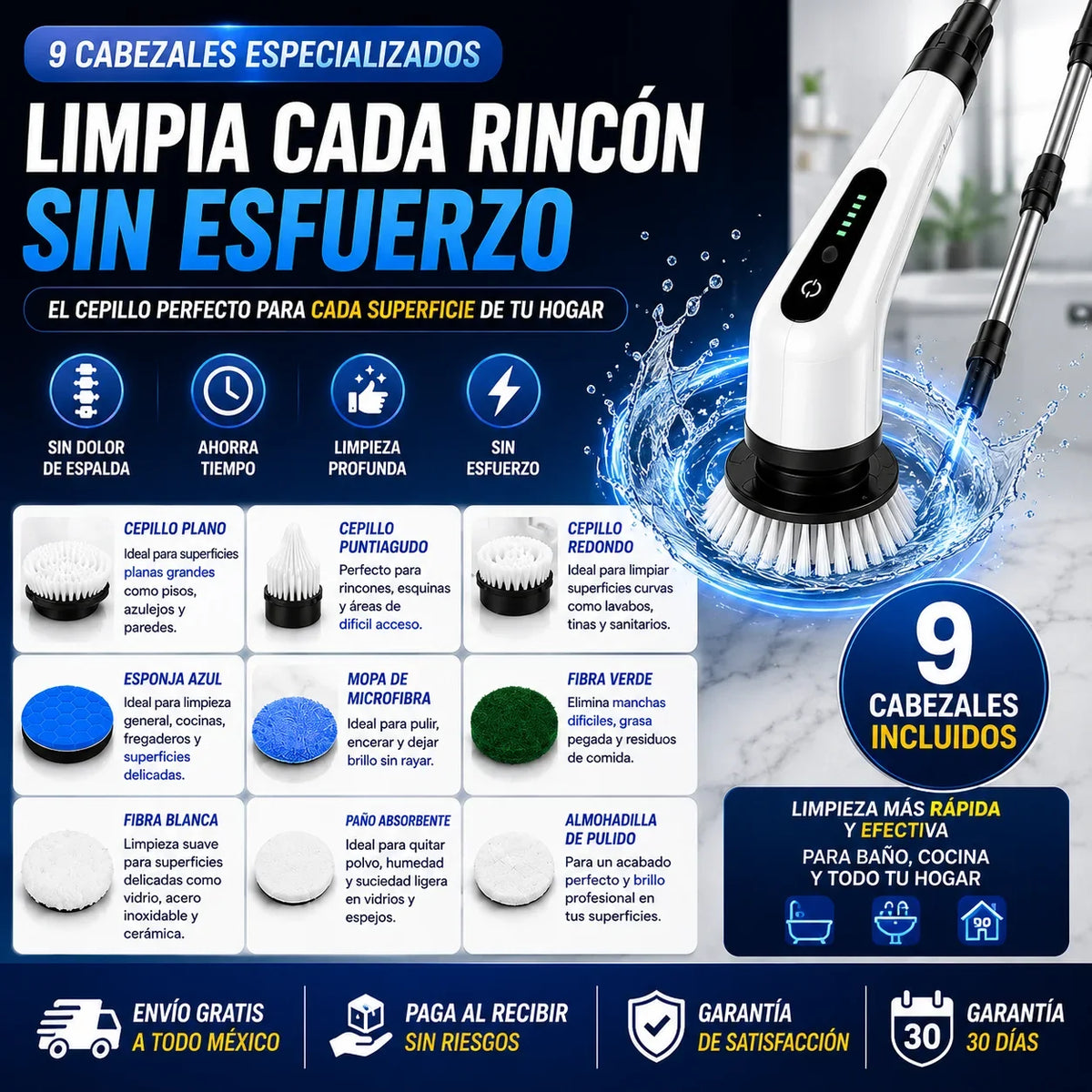 Cepillo Eléctrico Recargable 9 en 1 para Limpieza Profunda
