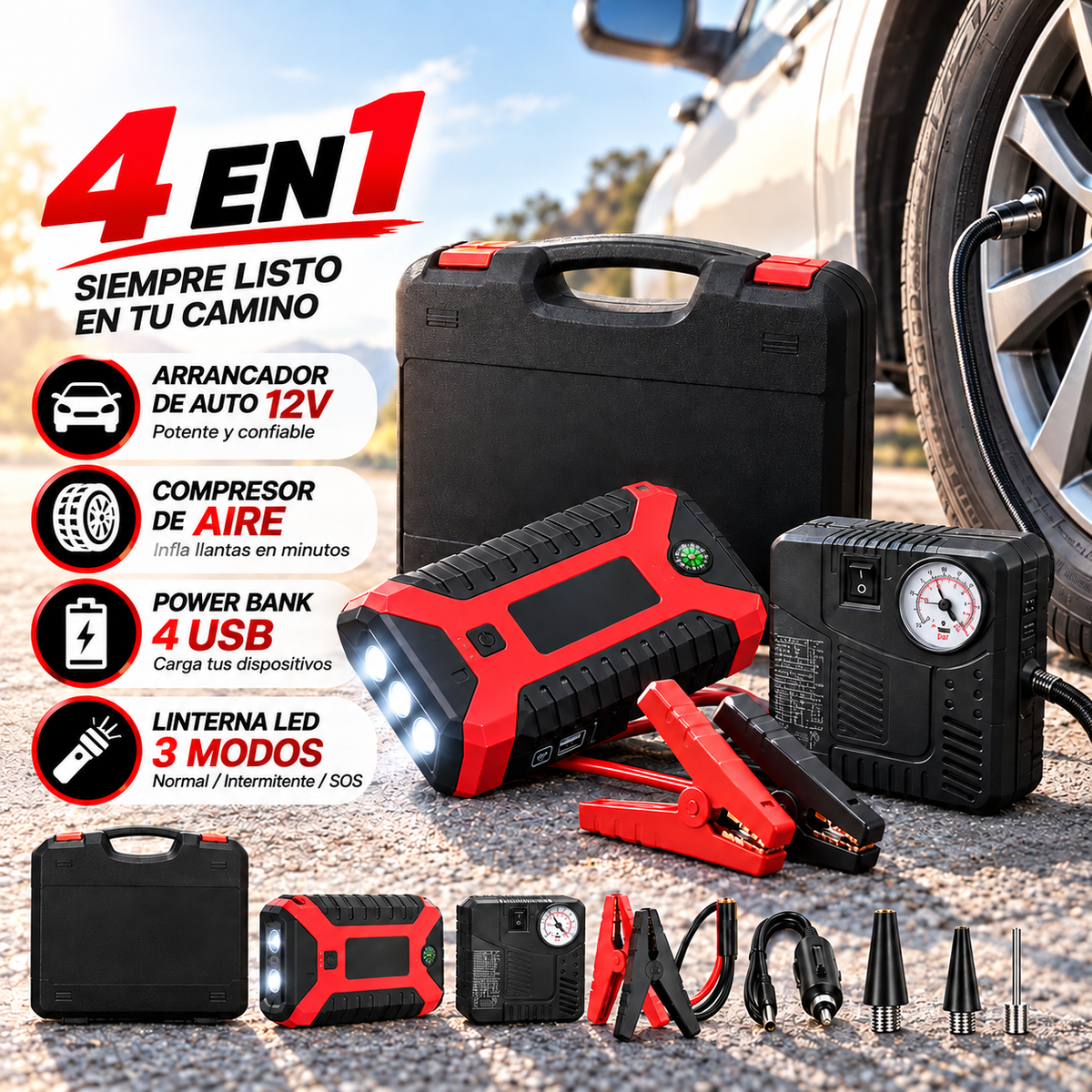 4 EN 1 – ARRANCADOR PORTÁTIL DE EMERGENCIA + ENVIO GRATIS + REGALO