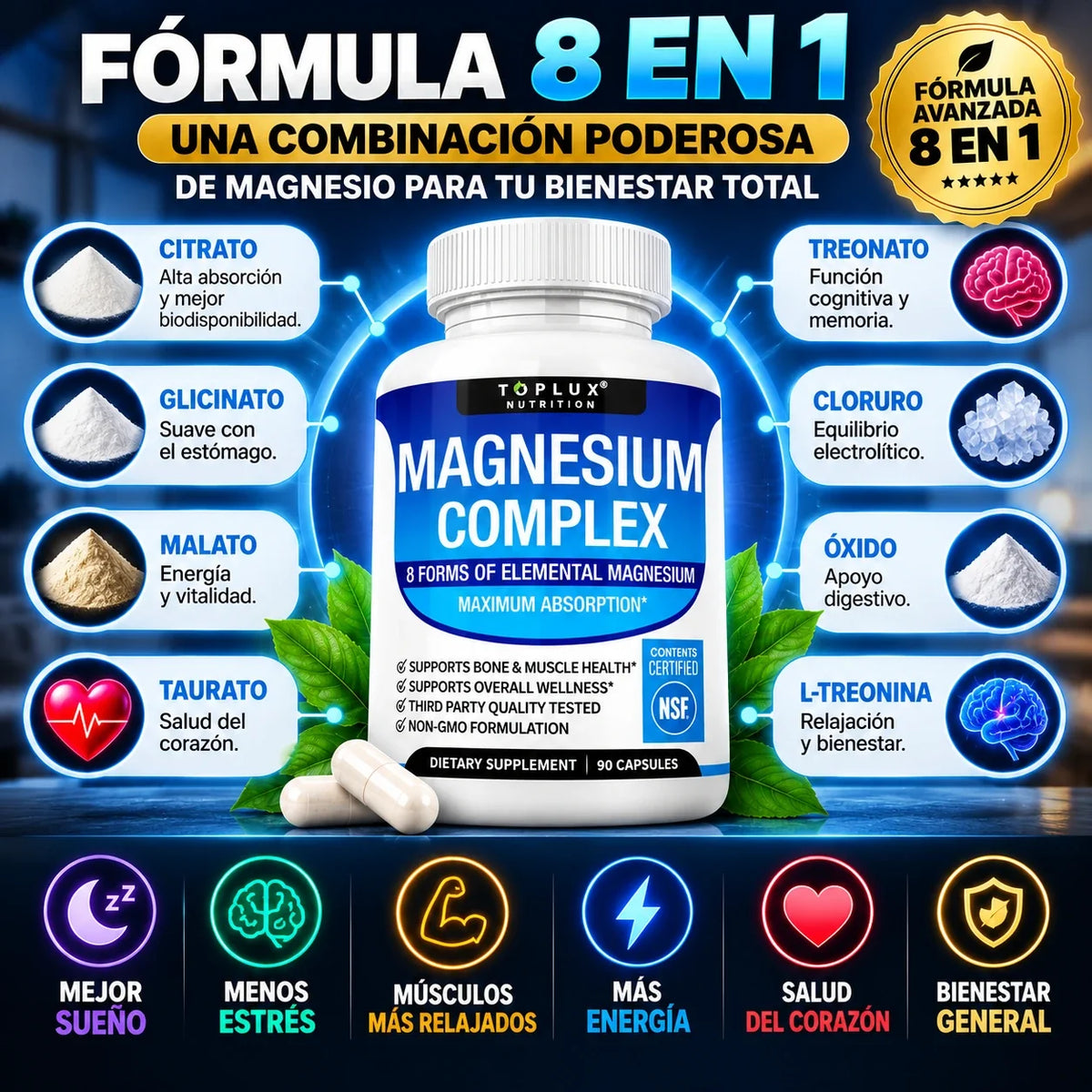 Suplemento Magnesio Complex Toplux 8 en 1 | 90 Cp
