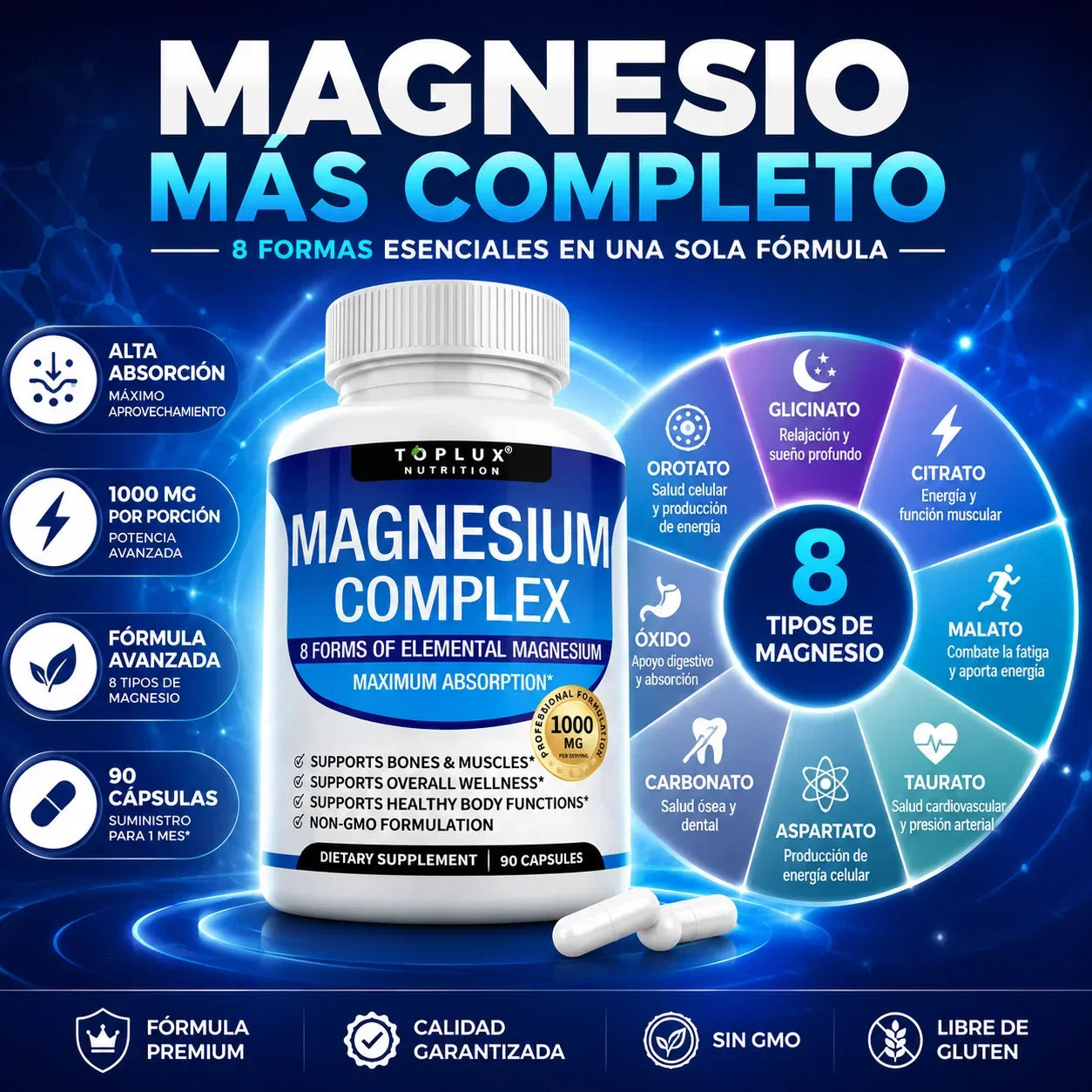 Suplemento Magnesio Complex Toplux  8 en 1 | 90 Cp + Envio Gratis + Regalo